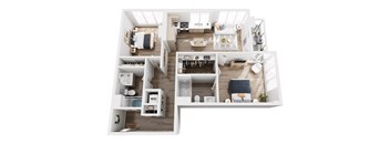A top-down view of a modern apartment layout.