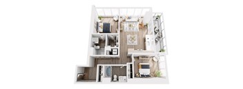 A top-down view of a small apartment with a kitchen, living room, and bedroom.