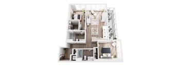 A top-down view of a small apartment with a kitchen, living room, and bathroom.