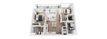 A top-down view of a small apartment layout with a kitchen, living room, and bathroom.
