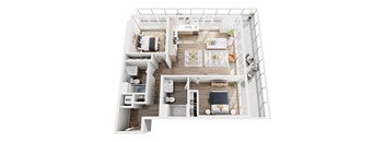 A top-down view of a well-organized apartment with a kitchen, living room, and bedroom.