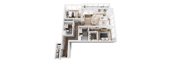 A white floor plan of a house with a kitchen, living room, and bedrooms.