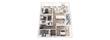 A top-down view of a well-organized apartment with a kitchen, living room, and bedroom.