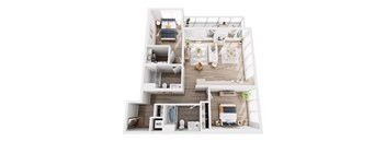 A top-down view of a small apartment layout with a kitchen, living room, and bathroom.