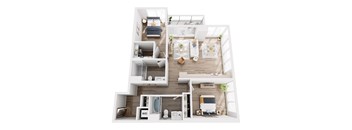 A top-down view of a small apartment layout with a living room, kitchen, and bathroom.