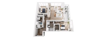 A top-down view of a well-organized apartment with a kitchen, living room, and bedrooms.