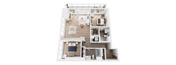 A top-down view of a small apartment with a living room, kitchen, and bedroom.