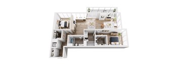 A white floor plan of a house with a living room, kitchen, and two bedrooms.