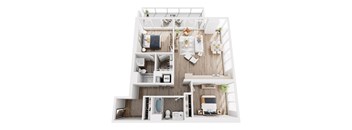 A top-down view of a small apartment with a kitchen, living room, and bathroom.