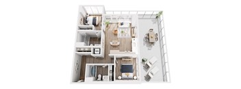 A top-down view of a small apartment with a kitchen, living room, and bathroom.