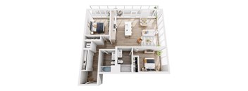 A top-down view of a modern apartment layout with a kitchen, living room, and bedroom.