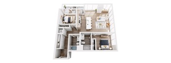 A top-down view of a well-organized kitchen and living room.