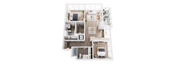 A top down view of a small apartment with a kitchen, living room, and bathroom.