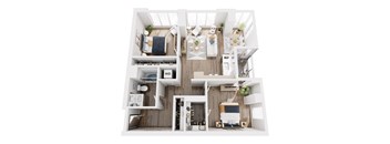 A top-down view of a small apartment layout with a kitchen, living room, and bedrooms.