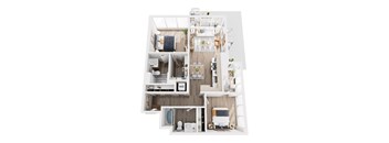 A top-down view of a small apartment with a kitchen, living room, and bathroom.
