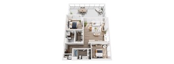 A top-down view of a small apartment with a kitchen, living room, and bathroom.