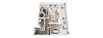 A top-down view of a small apartment with a kitchen, living room, and bathroom.