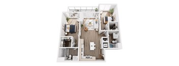 A top-down view of a small apartment with a kitchen, living room, and bedroom.