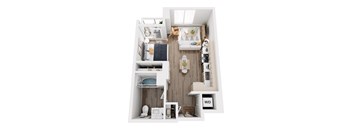 A top-down view of a small, neatly organized apartment.