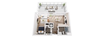 A top-down view of a small apartment with a kitchen, living room, and bathroom.