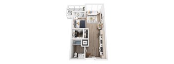 A top-down view of a small, neatly organized apartment with a bedroom, living room, and kitchen area.