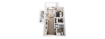 A top down view of a small apartment with a kitchen, living room, and bathroom.