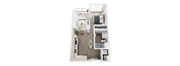 A top down view of a small apartment with a kitchen, living room, and bathroom.