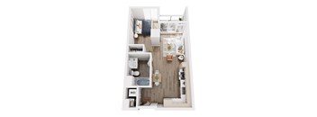 A top down view of a small apartment with a kitchen, living room, and bathroom.