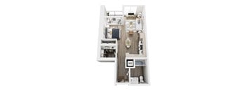 A top down view of a small apartment with a kitchen, living room, and bathroom.