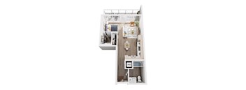 A top down view of a small apartment with a kitchen, living room, and bathroom.