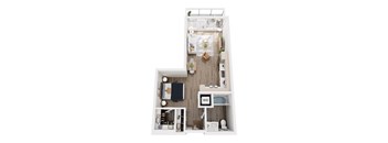 A top down view of a small apartment with a kitchen, living room, and bathroom.