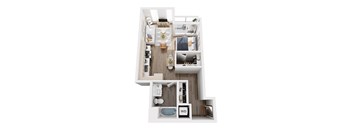 A top down view of a small apartment with a kitchen, living room, and bathroom.