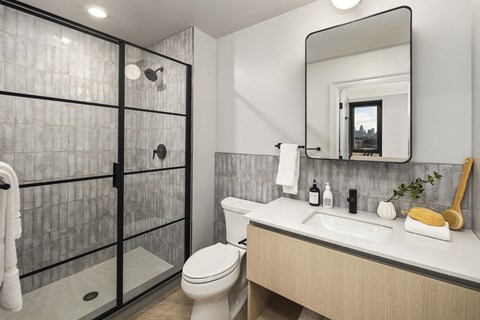 a bathroom with a shower toilet and sink