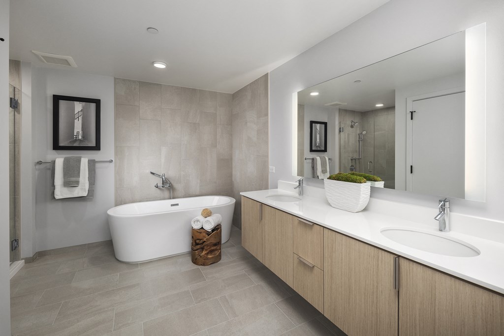 a bathroom with a tub and a sink and a mirror