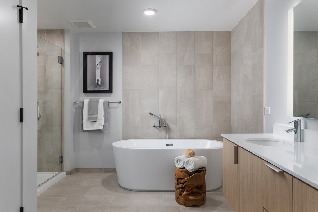 a bathroom with a tub and a sink and a shower