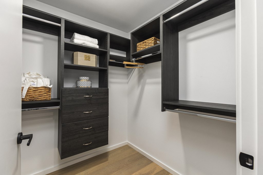 a walk in closet with black cabinets and a window