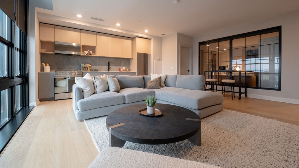 a living room with a couch and a coffee table
