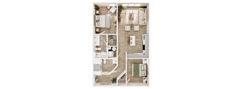 A top-down view of a modern apartment layout with a kitchen, living room, and bedrooms.