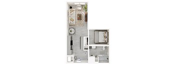 A modern apartment layout with a kitchen, living room, and bathroom.