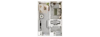 A top-down view of a modern apartment layout with a kitchen, living room, and bathroom.