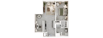 A top-down view of a modern apartment layout with a kitchen, living room, and bathroom.