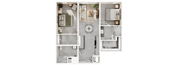 A series of images showing different layouts of a modern, minimalist bedroom and bathroom.