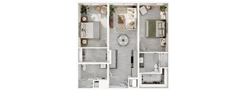 A series of images showing different layouts of a bedroom with a bathroom.