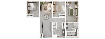 A series of images showing different layouts of a modern, minimalist apartment.