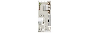 A top-down view of a modern bathroom with a toilet, sink, and mirror.
