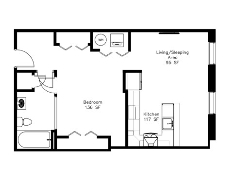 A black and white image of a floor plan for an apartment.