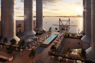 Rooftop pool with cabanas and views of the Delaware River