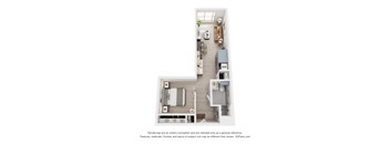 A 3D floor plan of a house with a kitchen, living room, and two bedrooms.