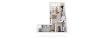 A 3D floor plan of a small apartment with a kitchen, living room, and bathroom.