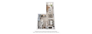 A floor plan of a small apartment with a kitchen, living room, and bathroom.